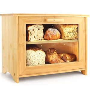 pristine bamboo bread box for kitchen countertop – double layer bread storage bin with clear windows – rustic farmhouse style bread bin, wooden large capacity bamboo food storage bin (self-assembly)