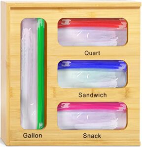 bamboo ziplock bag storage organizer for kitchen drawer, plastic bag holder, kitchen drawer organizer, drawer oganizer, compatible with veriety of bags as snack, sandwich, gallon,quart size bags