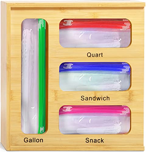 Bamboo ziplock bag storage organizer for kitchen drawer, plastic bag holder, kitchen drawer organizer, drawer oganizer, compatible with veriety of bags as snack, sandwich, gallon,quart size bags