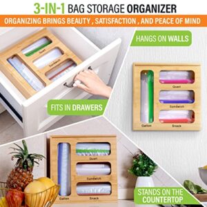 Bamboo ziplock bag storage organizer for kitchen drawer, plastic bag holder, kitchen drawer organizer, drawer oganizer, compatible with veriety of bags as snack, sandwich, gallon,quart size bags