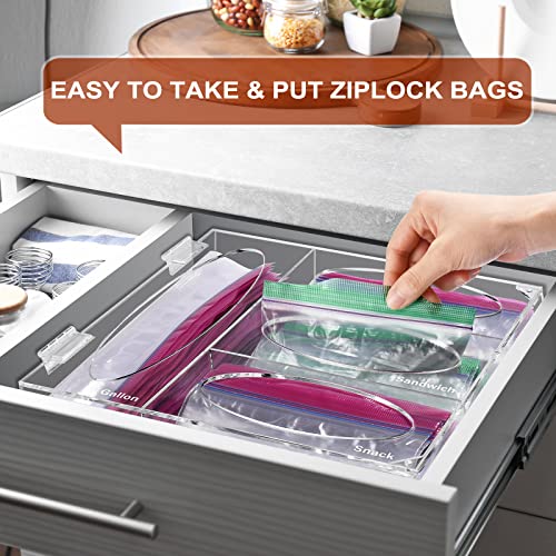 Ziplock Bag Storage Organizer for Kitchen Drawer, Acrylic Baggie Organizer, Zip Lock Bag Dispenser Holder for Gallon, Quart, Sandwich and Snack, Compatible with Ziploc, Solimo, Glad, Hefty,Great Value