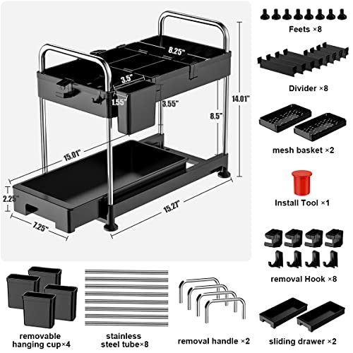 Luyata 2 Pack Under Sink Organizers, 2 Tier Under Cabinet Organizer Sliding, Under Cabinet Storage, Kitchen Organizer, Bathroom Organizer Under Sink With 8 Divider 8 Hooks and 4 Hanging Cups Black