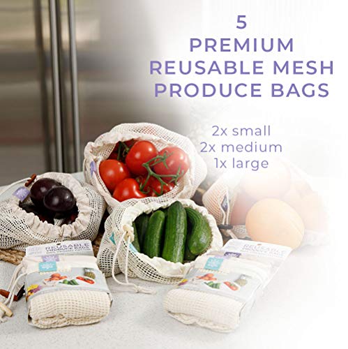 Lotus Sustainables Premium 100% Organic Cotton Reusable Produce Bags | Eco-Friendly Mesh Produce Bags For Groceries | Machine Washable Vegetable/Fruit Bag | Set of 5