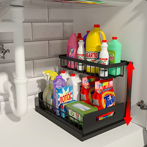 Adjustable Height Under Sink Organizers and Storage, 2 Tier Pull Out Kitchen Cabinet Organizer, Bathroom Cabinet Organizer Under Sink