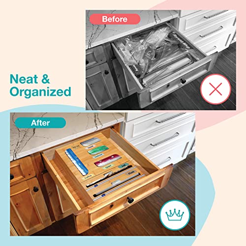 Neat Diva 6-in-1 Ziplock Bag Organizer for Drawer, Kitchen Drawer Organizer for Bags, Bamboo Foil and Plastic Wrap Organizer, Kitchen Organizer Foil Plastic Wrap, Kitchen Gadgets Best Sellers 2022