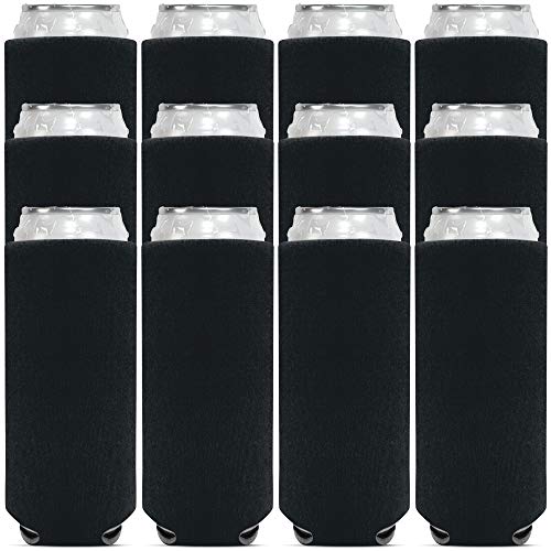 CSBD Blank Slim Beer Can Coolers Premium Quality Soft Drink Coolies Collapsible Insulators Bulk, 12 Packs, Great For Monograms, DIY Projects, Weddings, Parties, Events (12, Black)