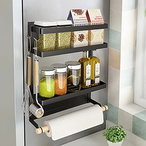 Magnetic Spice Rack, Strong Magnet 2-Tier Shelf with Paper Towel Holder, Magnetic Fridge Organizer for Refrigerator in Kitchen