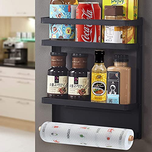 Magnetic Spice Rack, Strong Magnet 2-Tier Shelf with Paper Towel Holder, Magnetic Fridge Organizer for Refrigerator in Kitchen