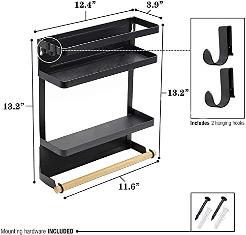 Magnetic Spice Rack, Strong Magnet 2-Tier Shelf with Paper Towel Holder, Magnetic Fridge Organizer for Refrigerator in Kitchen