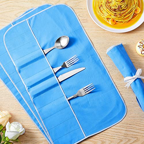 Silver Storage Bags Silver Storage Cloth Anti Tarnish Silver Protector Bags Blue Holder for Silverware Flatware Storage Organizer Place Setting Roll with White Ribbon for Kitchen Utensils (4 Pieces)