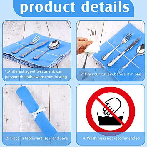 Silver Storage Bags Silver Storage Cloth Anti Tarnish Silver Protector Bags Blue Holder for Silverware Flatware Storage Organizer Place Setting Roll with White Ribbon for Kitchen Utensils (4 Pieces)