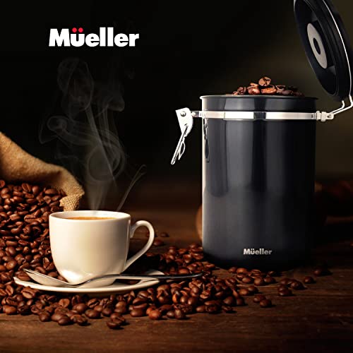 Mueller Coffee Canister Stainless Steel Container for Coffee Beans or Grounds, Tea, Sugar, Rice - Day and Month Tracker, Built-In Calendar Wheel - 21oz Capacity - Stainless Steel Spoon Included