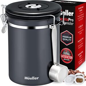 mueller coffee canister stainless steel container for coffee beans or grounds, tea, sugar, rice – day and month tracker, built-in calendar wheel – 21oz capacity – stainless steel spoon included
