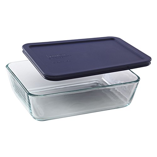 Pyrex 6-cup 7211 Rectangle Glass Food Storage Containers with Blue Plastic Lids - 4 Pack