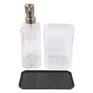 Spectrum Diversified Hexa Sponge & Brush Kitchen Organizer with Refillable Soap Pump, Sponge & Dish, Easy-Clean Sink Organization & Dish Brush Holder with Removable Base, Clear & Gray