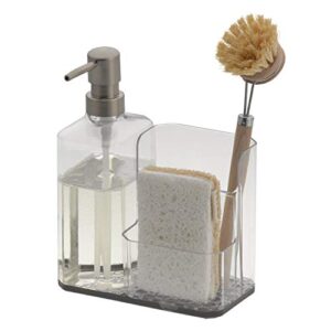 Spectrum Diversified Hexa Sponge & Brush Kitchen Organizer with Refillable Soap Pump, Sponge & Dish, Easy-Clean Sink Organization & Dish Brush Holder with Removable Base, Clear & Gray