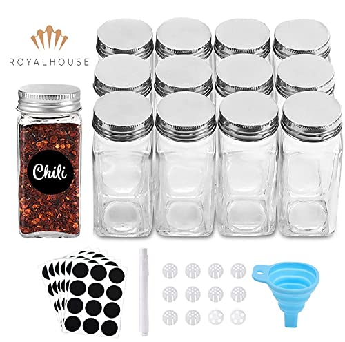 ROYALHOUSE 12 Pcs Glass Spice Jars/Bottles - 4oz Empty Square Spice Containers with Spice Labels and Airtight Metal Caps with Shaker Lids