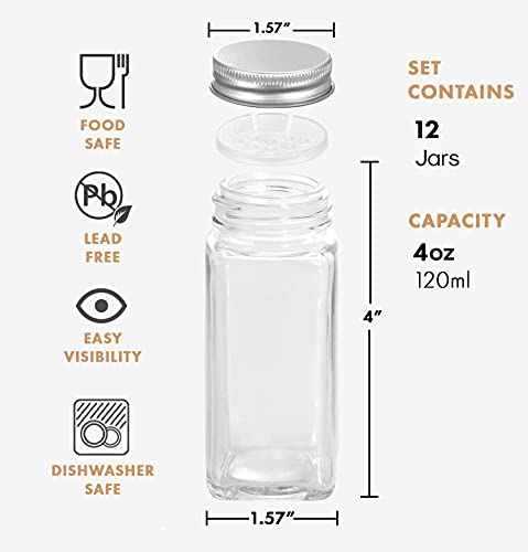 ROYALHOUSE 12 Pcs Glass Spice Jars/Bottles - 4oz Empty Square Spice Containers with Spice Labels and Airtight Metal Caps with Shaker Lids