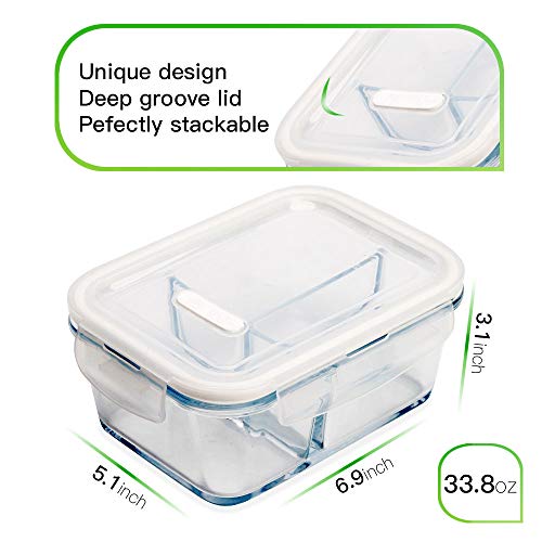 3 Pack 33.8oz Bento Box Meal Prep Glass Containers 3 Compartments with Lids Glass Food Storage Containers Glass Lunch Containers Glass Food Prep Containers with Lids Lunch Box Snack Container for Oven