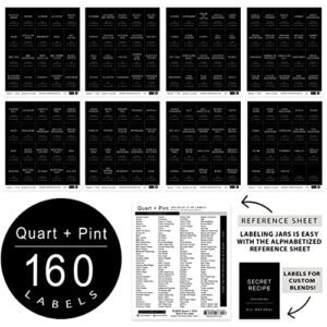 Quart + Pint 160 Spice Jar Labels: Minimalist Matte Black Sticker White Text. Waterproof Stickers. Organization for Jars Bottles Containers Bins. Storage Rack Systems for Kitchen & Pantry Labels.