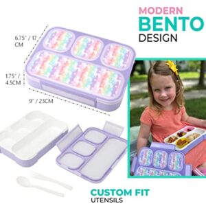 Unicorn Bento Lunch Box for Girls, Kids | Snack Containers with 4 Compartment Dividers, Boxes for Toddlers Pre-School Daycare Tween Lunches BPA Free, Food and Microwave Safe | Purple Rainbow Unicornio