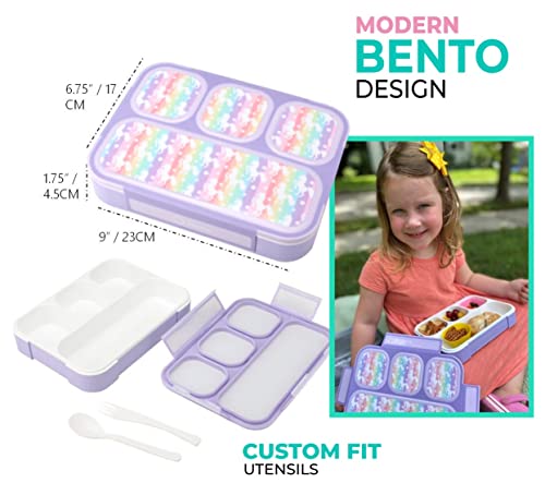 Unicorn Bento Lunch Box for Girls, Kids | Snack Containers with 4 Compartment Dividers, Boxes for Toddlers Pre-School Daycare Tween Lunches BPA Free, Food and Microwave Safe | Purple Rainbow Unicornio