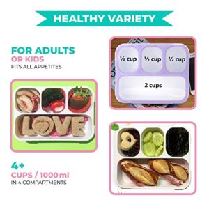 Unicorn Bento Lunch Box for Girls, Kids | Snack Containers with 4 Compartment Dividers, Boxes for Toddlers Pre-School Daycare Tween Lunches BPA Free, Food and Microwave Safe | Purple Rainbow Unicornio