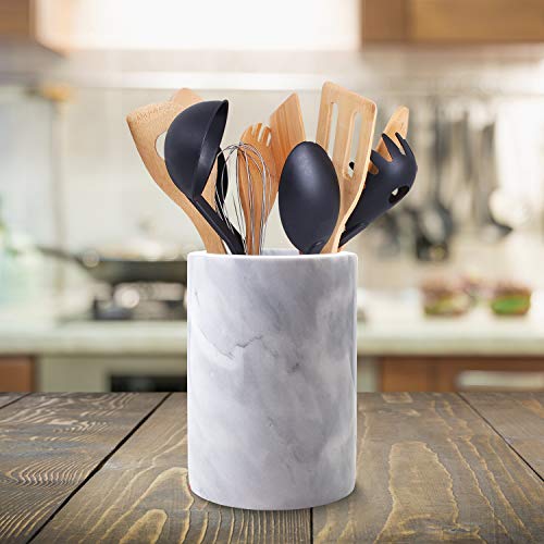 Marble Utensil Holder for Kitchen Counter Decor, Flatware & Utensil Storage Organizer - Kitchen Utensil Organizer for Countertops, Pantry, Bathroom, Office & Center Table