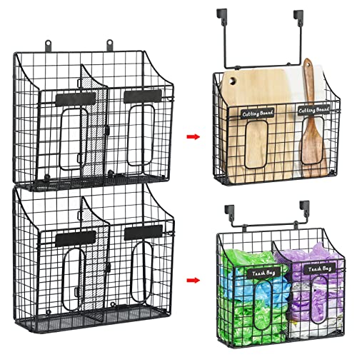 Dispenser Plastic Bag Holder With Detachable Grid Divider, Bag Saver Over the Cabinet Door Organizer with Nameplates for Trash Grocery Bags Cuttingboard Holder for Kitchen Storage Hanging&Wall Mounted