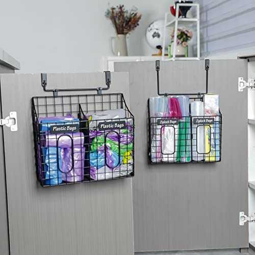 Dispenser Plastic Bag Holder With Detachable Grid Divider, Bag Saver Over the Cabinet Door Organizer with Nameplates for Trash Grocery Bags Cuttingboard Holder for Kitchen Storage Hanging&Wall Mounted
