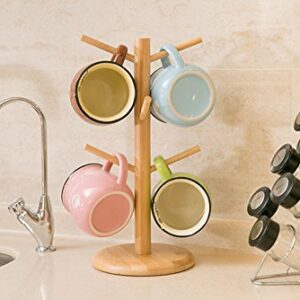 Bamboo Wooden Mug Rack Tree Coffee Tea Cup Organizer Hanger Holder with 6 Hooks Removable Bamboo Mug Stand by AHYUAN