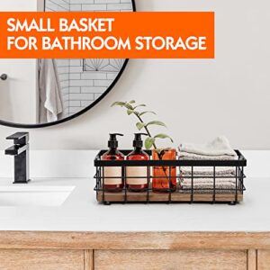 TJ.MOREE Small Metal Wire Basket, Decorative Wood Base Organizer for Bathroom, Kitchen, Basket for Toilet Paper Storage, Sugar Packet, Coffee Syrup, Guest Towel, Napkin