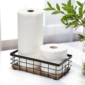 TJ.MOREE Small Metal Wire Basket, Decorative Wood Base Organizer for Bathroom, Kitchen, Basket for Toilet Paper Storage, Sugar Packet, Coffee Syrup, Guest Towel, Napkin