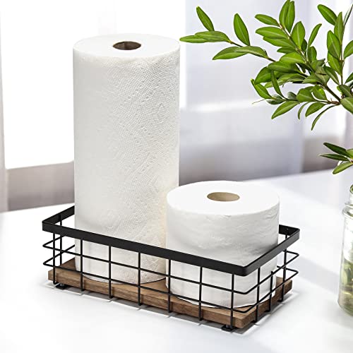 TJ.MOREE Small Metal Wire Basket, Decorative Wood Base Organizer for Bathroom, Kitchen, Basket for Toilet Paper Storage, Sugar Packet, Coffee Syrup, Guest Towel, Napkin