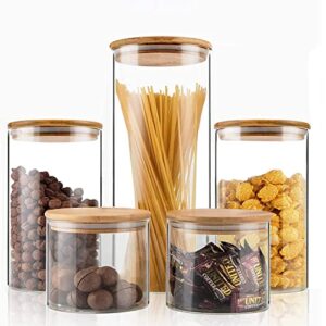 glass food storage jars set of 5,glass storage containers clear glass food canister with bamboo lid airtight for serving tea, coffee, flour, sugar, candy, cookie, spice and more (circular)