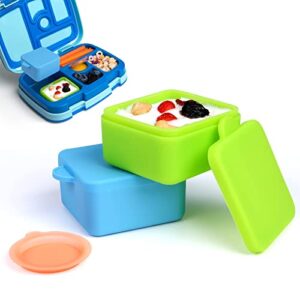 salad dressing container to go, compatible with bentgo kids lunch box, 2x 3oz small containers with lids, premium silicone, easy open snack containers, leakproof dips sauce container for lunch box(blue/lime)