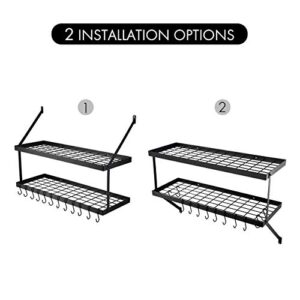 KES 30-Inch Pot Rack 2 Tier Pan Rack for Kitchen Wall Mounted Pot Organizer with 12 S-Hooks Heavy-Duty Matte Black, KUR218S75B-BK