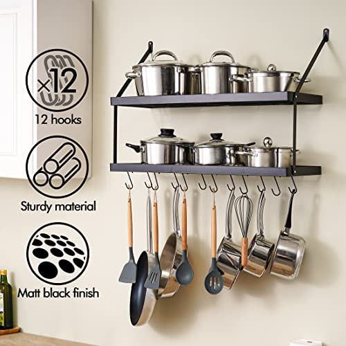 KES 30-Inch Pot Rack 2 Tier Pan Rack for Kitchen Wall Mounted Pot Organizer with 12 S-Hooks Heavy-Duty Matte Black, KUR218S75B-BK