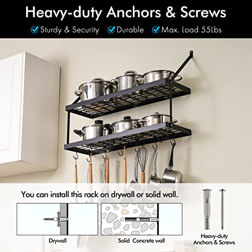 KES 30-Inch Pot Rack 2 Tier Pan Rack for Kitchen Wall Mounted Pot Organizer with 12 S-Hooks Heavy-Duty Matte Black, KUR218S75B-BK