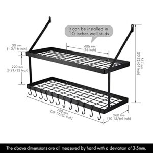 KES 30-Inch Pot Rack 2 Tier Pan Rack for Kitchen Wall Mounted Pot Organizer with 12 S-Hooks Heavy-Duty Matte Black, KUR218S75B-BK