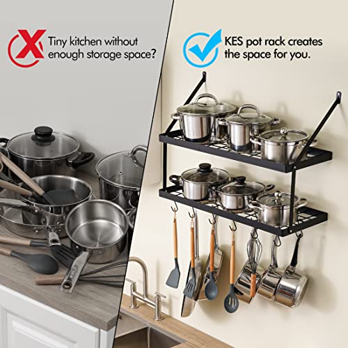 KES 30-Inch Pot Rack 2 Tier Pan Rack for Kitchen Wall Mounted Pot Organizer with 12 S-Hooks Heavy-Duty Matte Black, KUR218S75B-BK