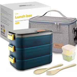 homespon bento box with lunch bag – leakproof 3-tier stainless steel container for salads & more, perfect for teens & adults, comes with reusable wheat straw spoon/fork & food grade dressing box