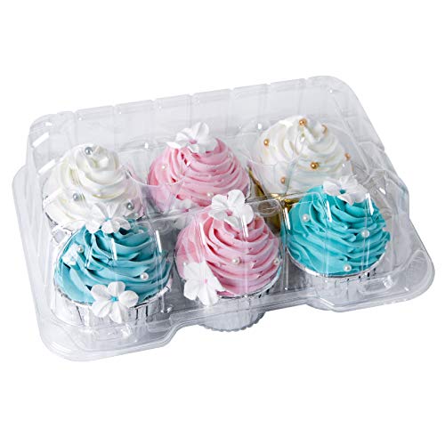 Clear Cupcake Boxes 6 Cavity Holder,ONE MORE Large 6 Compartment Muffin Containers Plastic Cupcake Carrier with Deep Dome 4" High Safe Eco-friendly Material Pack of 15