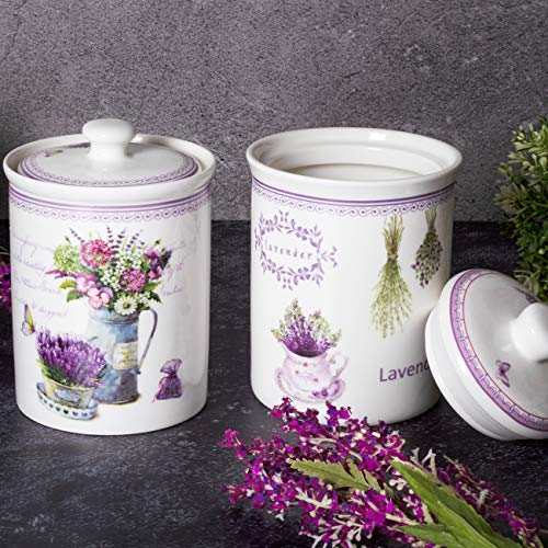 Xiteliy Ceramic Canister Set Tea Coffee Sugar Storage Pots Jars Kitchen Food Storage with Ceramic Lid Set of 2 (Purple, TL-XYC-J)