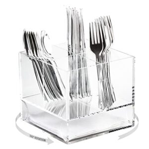 eltow acrylic swivel silverware caddy – stylish kitchen table organizer for flatware, cutlery, arts, cosmetic, party with napkin holder – made with clear lucite, divided storage pantry basket for forks, knives, spoons, etc.