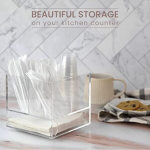 ELTOW Acrylic Swivel Silverware Caddy - Stylish Kitchen Table Organizer for Flatware, Cutlery, Arts, Cosmetic, Party with Napkin Holder - Made with Clear Lucite, Divided Storage Pantry Basket for Forks, Knives, Spoons, etc.