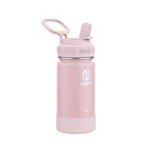 takeya actives kids insulated stainless steel water bottle with straw lid, 14 ounce, blush