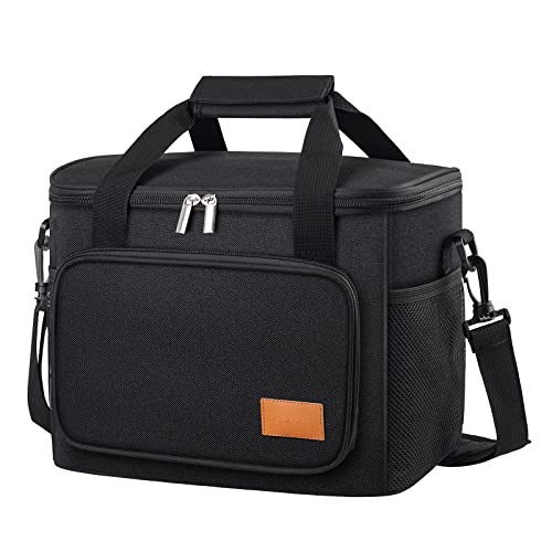 Large Insulated Lunch Bag for Men, 24 Cans (15L) Water-resistant Leakproof Lunch Box Pail for Women Adult, Reusable Bento Soft Cooler Tote for Work Office with Shoulder Strap & Pockets, Black