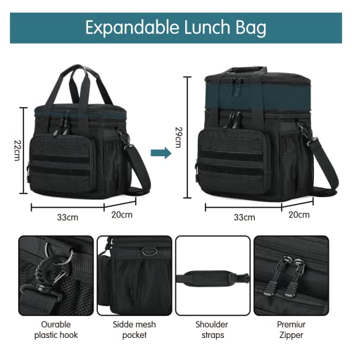 HSHRICH Tactical Lunch Box for Men, Double Deck Expandable Insulated Lunch Bag, Durable Waterproof Leakproof Cooler Bag for Adults Work, Outdoor, Picnic, Camping, 15L, Black