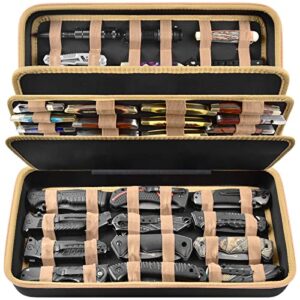 knife display case for 64+ pocket knives, butterfly knife storage box, folding knives organizer holder, knives collection protector for survival, tactical, outdoor, edc mini knife (bag only) – brown